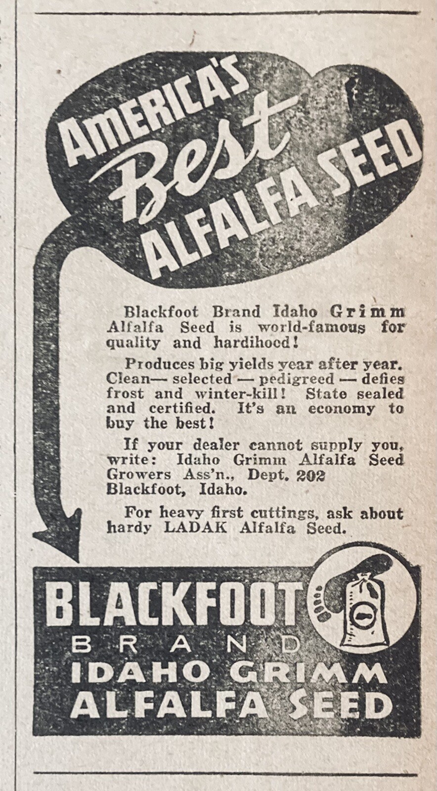 1938 AD.(XH16)~BLACKFOOT BRAND IDAHO GRIMM ALFALFA SEED, AMERICA’S BEST