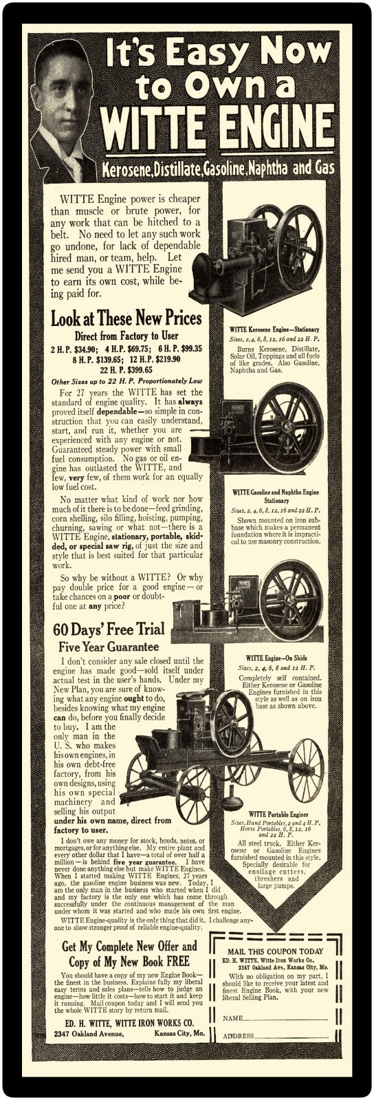 1914 Witte Iron Works New Metal Sign 6 x 18&Prime; Free Shipping Gas, Kerosene Engines