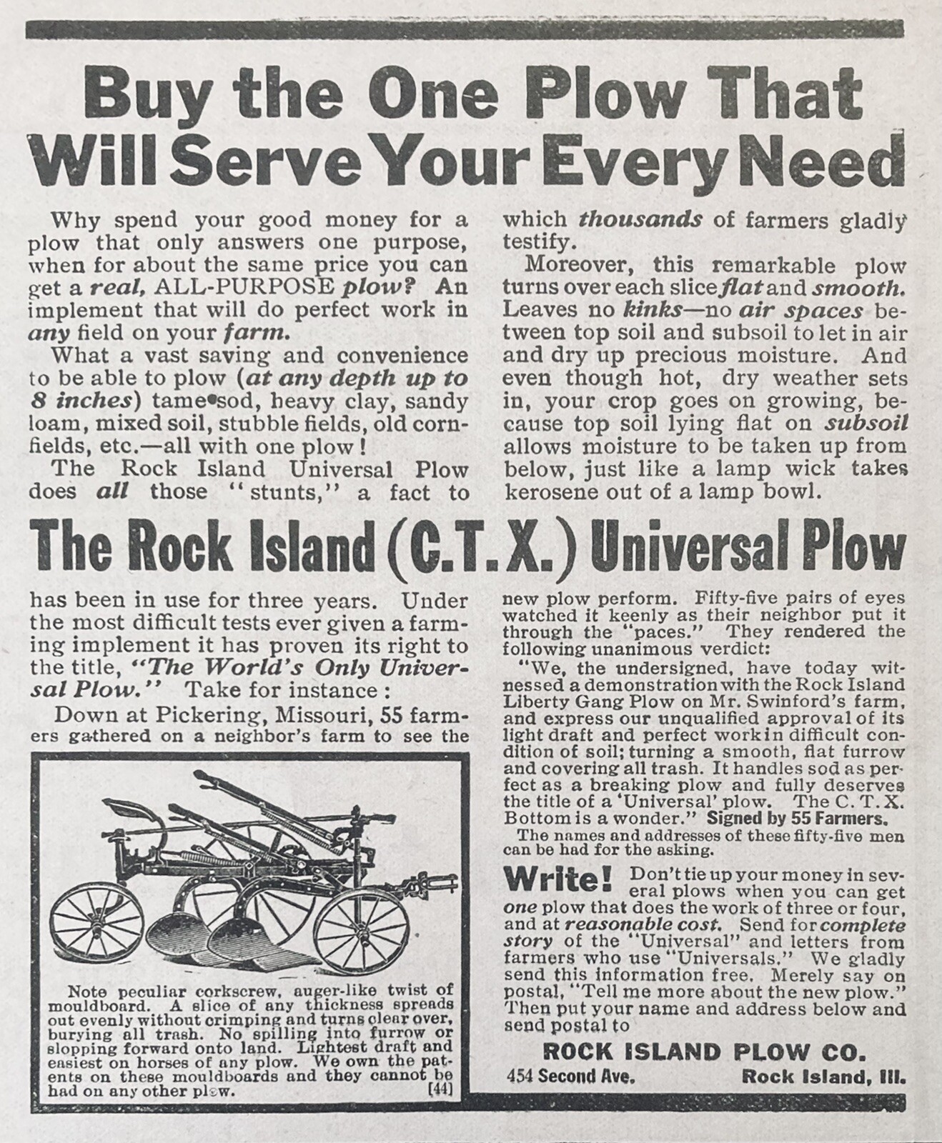 1912 AD(XH25)~ROCK ISLAND PLOW CO. ILL. ROCK ISLAND C.T.X. UNIVERSAL PLOW
