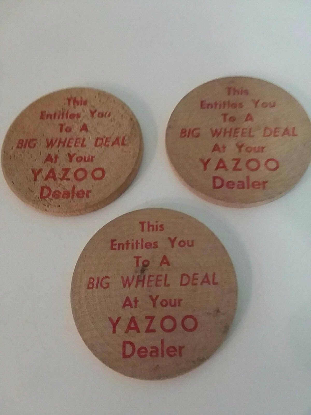 Lot of 3 Yazoo Mower Advertising Indian Wooden Nickel Big Wheel Deal Token Coins