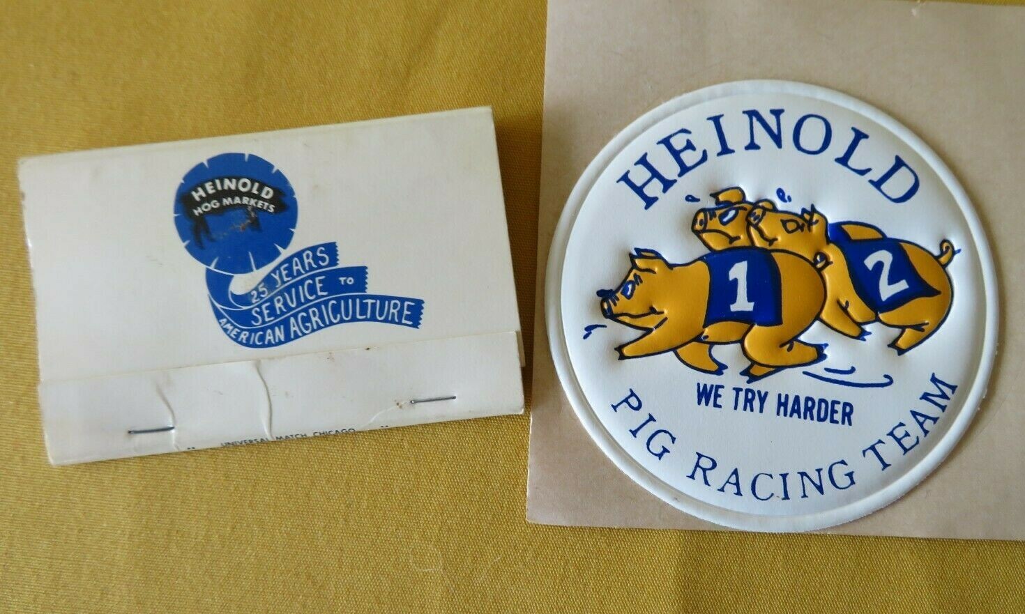 HEINOLD HOG MARKETS Large Matchbook & HOG RACING TEAM Vinyl Sticker ADVERTISING