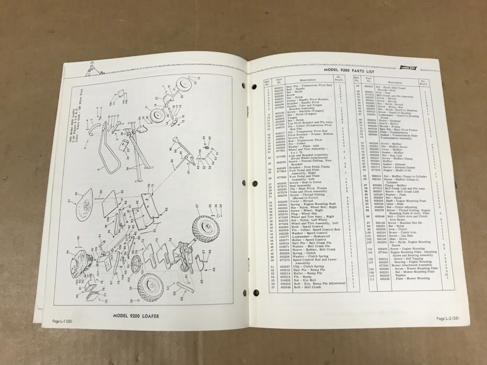 Vintage Lawn Boy Illustrated Parts List – Mowers & Engines – 1958 Supplement