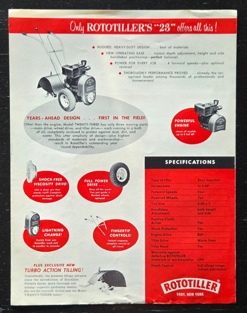 1950&rsquo;s ROTOTILLER MODEL 23 ROTARY TILLER 7 POWER TOOLS BROCHURE TROY NEW YORK