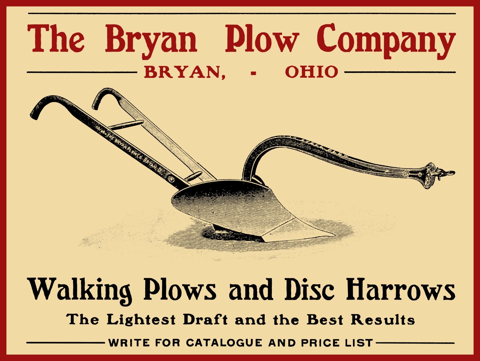 1905 Bryan Plow Co. NEW METAL SIGN: Bryan, OhiO – Walking Plows & Disc Harrows