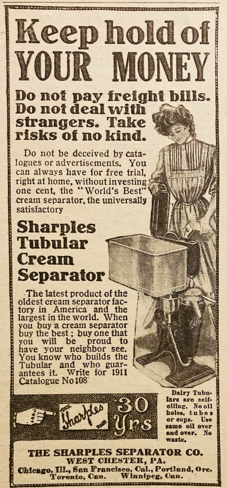 1911 AD.(PC10)~SHARPLES SEPARATOR CO. WEST CHESTER, PA. CREAM SEPARATOR~~~