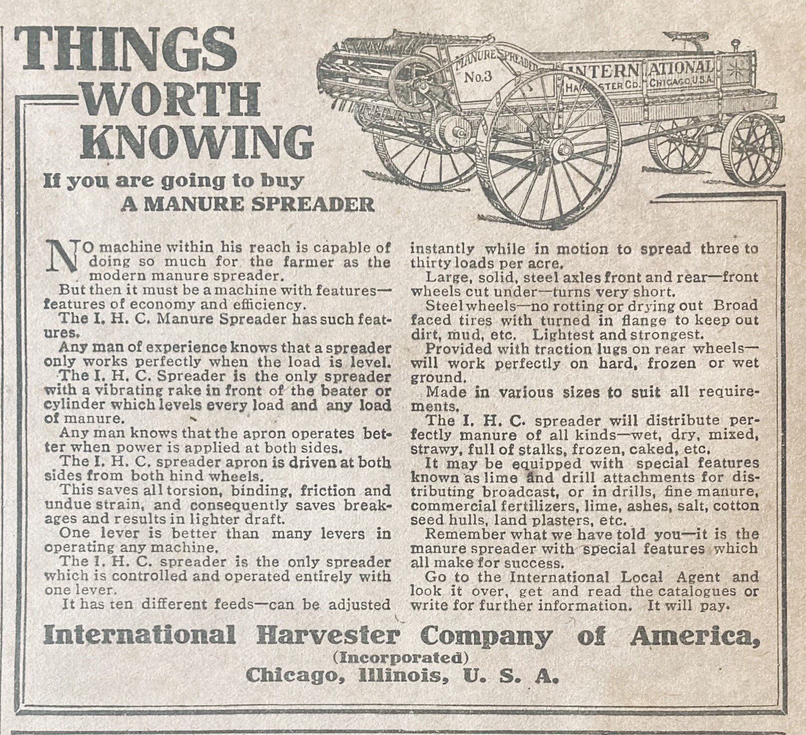 1906 AD(XH36)~INTERNATIONAL HARVESTER CO. I.H NO.3 MANURE SPREADER