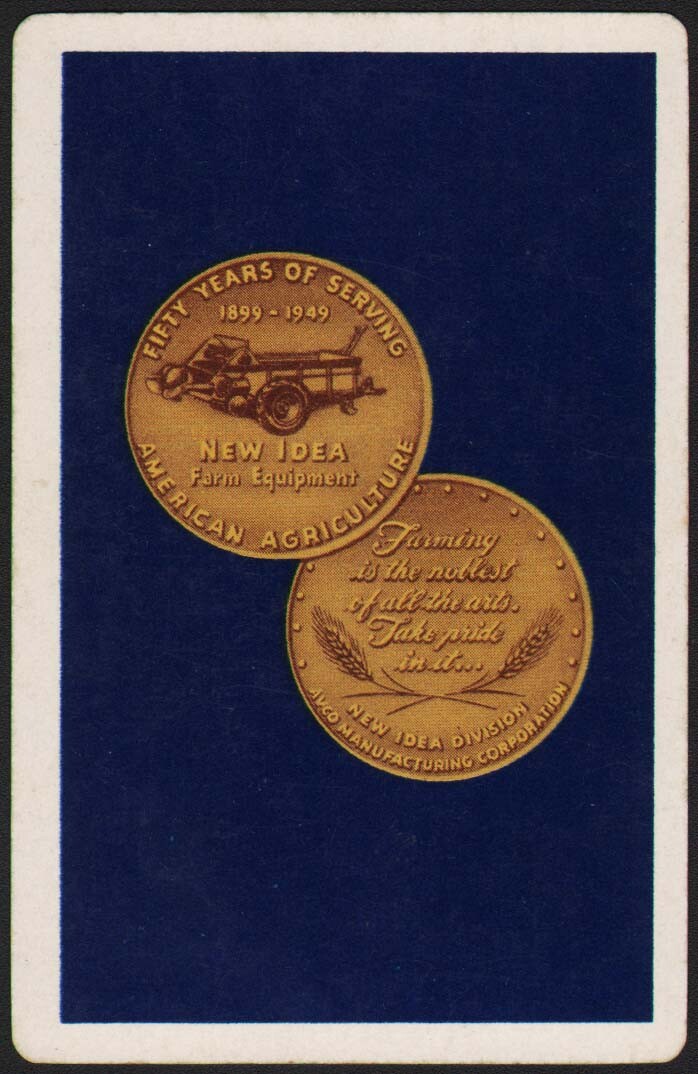 Vintage single playing card NEW IDEA FARM EQUIPMENT blue dated 1949 spreader pic