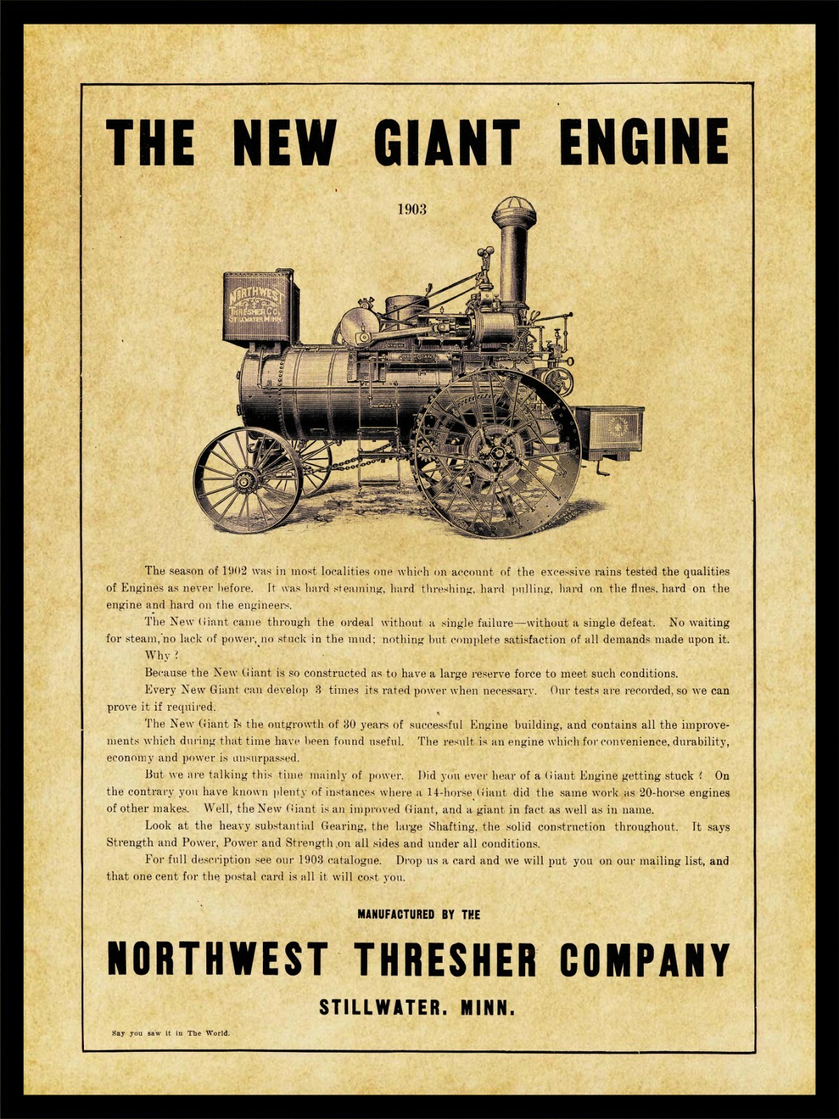 1903 Northwest Thresher Co. Giant Engine NEW Metal Sign: Stillwater, Minnesota