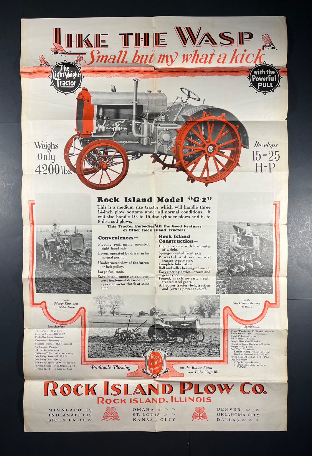 Vintage original Rock Island Model G 2 tractor brochure poster Rock Island Plow