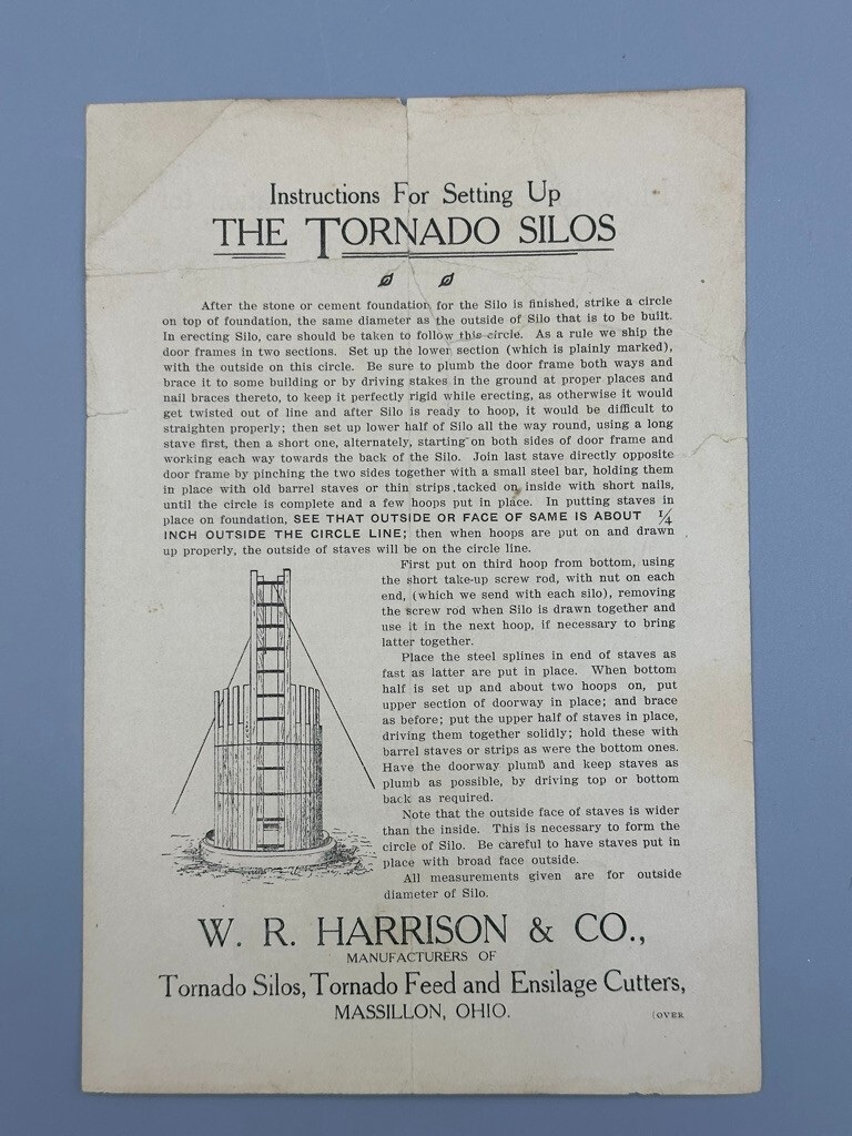 1890s TORNADO SILO Instructions WR HARRISON Farm Advertising MASSILLON Ohio