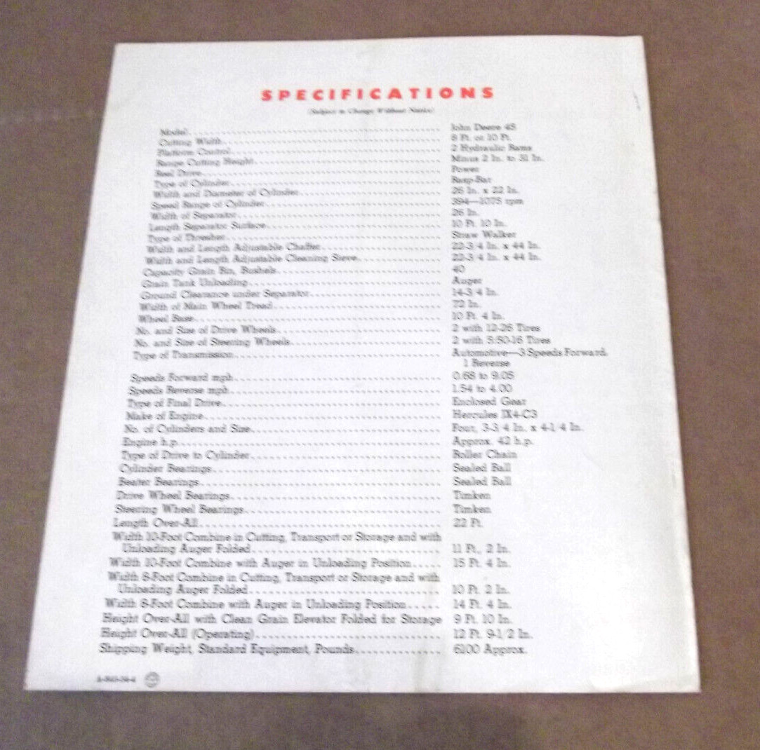 1954 John Deer 45 Self-Propelled Combine Tractors Factory Sales Brochure