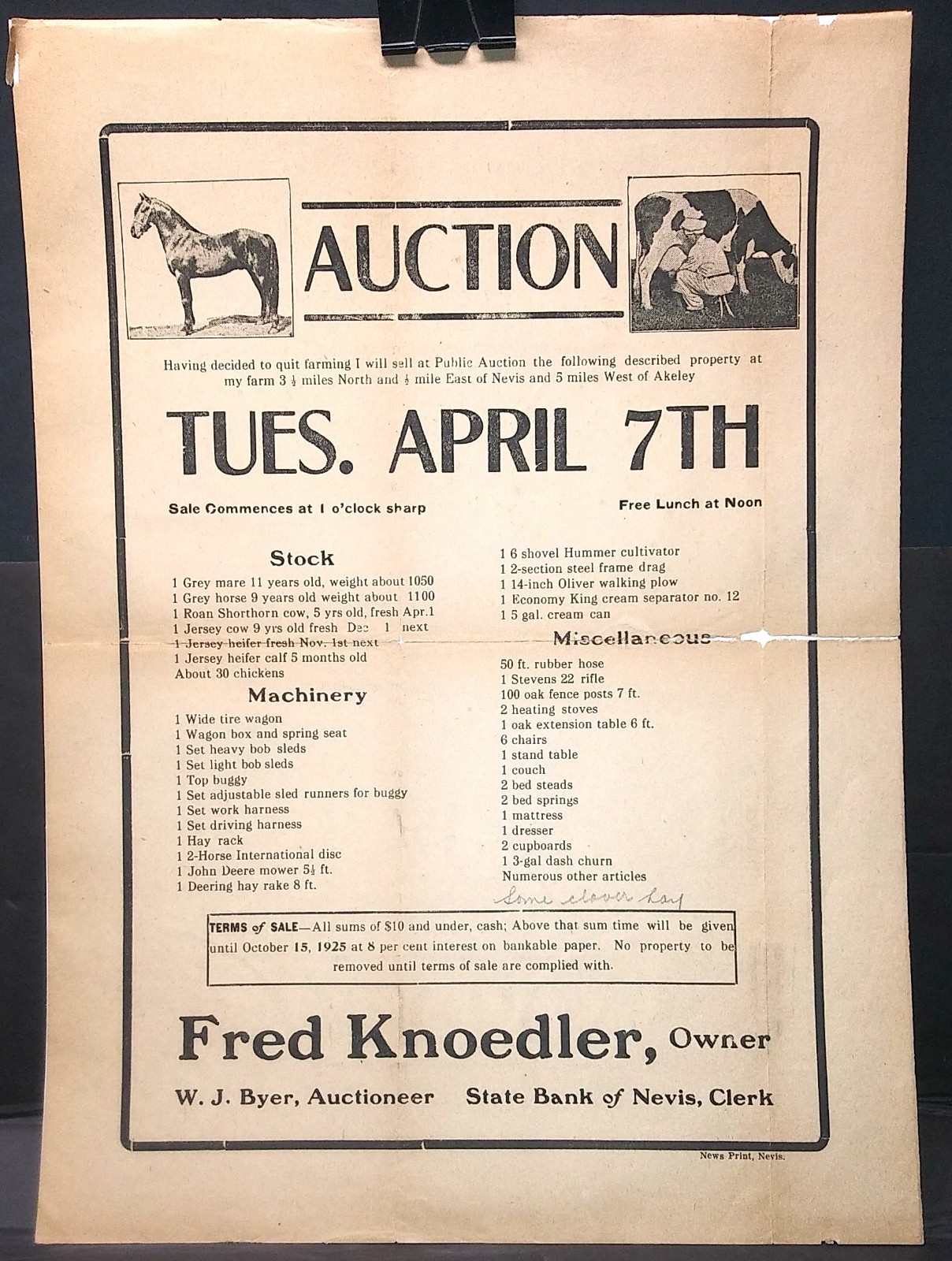Antique broadside advertising NEVIS MINNESOTA FARM AUCTION machinery horses plow