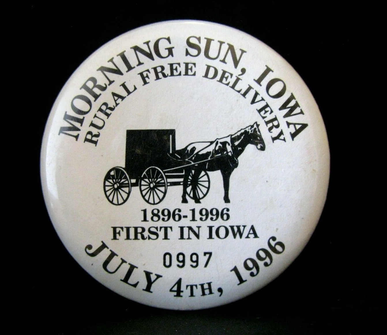 Morning Sun Iowa Rural Free Delivery Amish Horse Buggy 1996 Pinback Button Pin