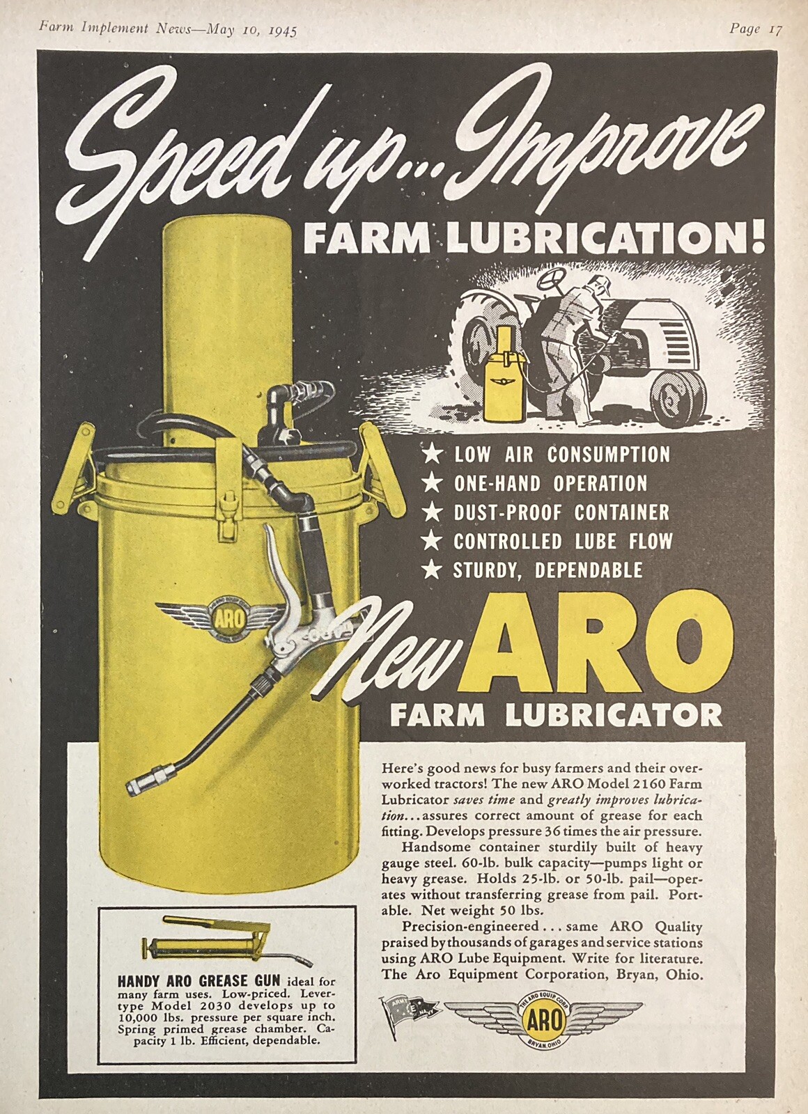1945 AD.(XF21)~ARO EQUIPMENT CO. BRYAN, OHIO. NEW ARO FARM LUBRICATOR