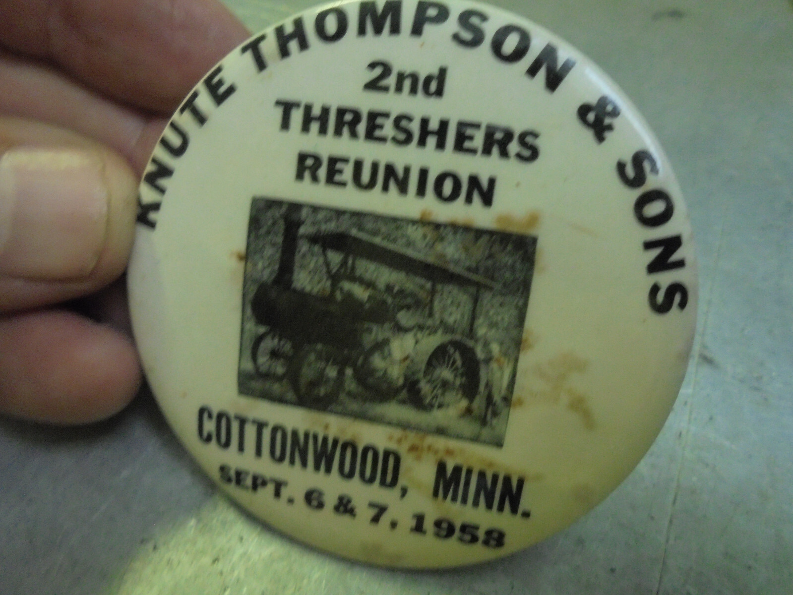 Vintage 1958 Knute Thompson & Sons Threshers Reunion Pin Cottonwood, Minn.