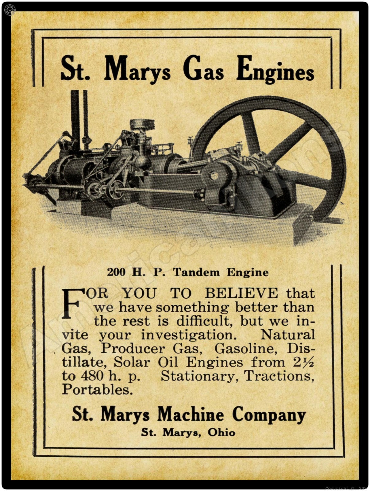 1910 St. Marys Machine Co. Gas Engines New Metal Sign: St. Marys, Ohio