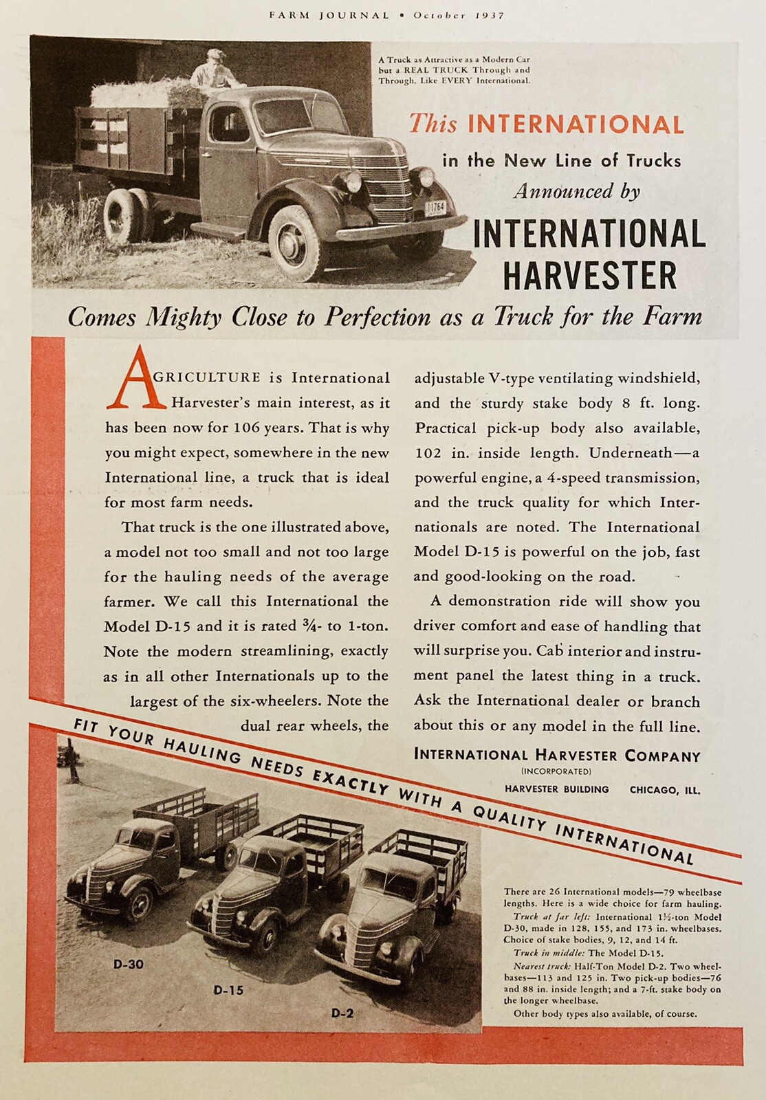 1937 AD.(XH81)~INTERNATIONAL HARVESTER CO. CHICAGO. IH D-LINE FARM OF FARM TRUCK