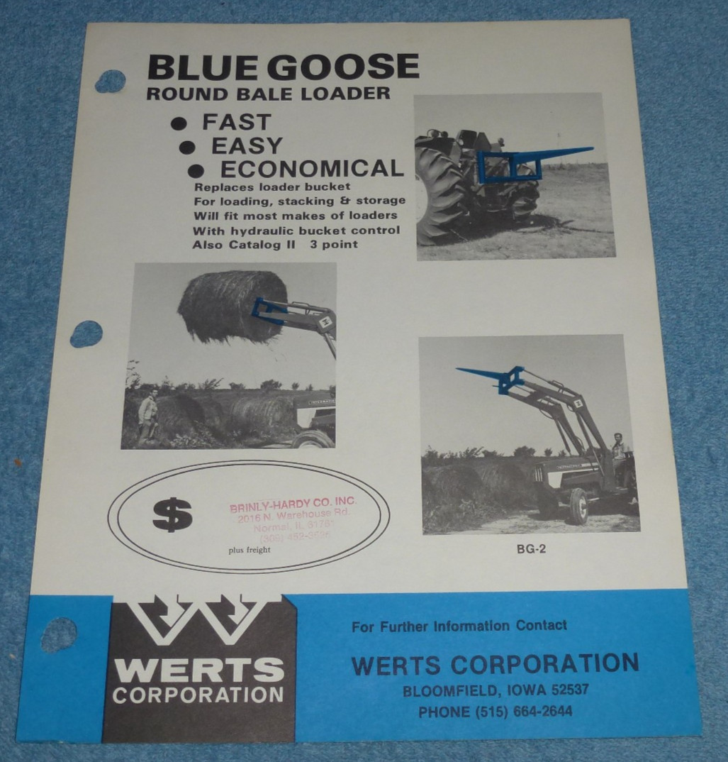 Vintage Werts Corp Blue Goose Round Bale Loader Farm Equipment Brochure Sheet