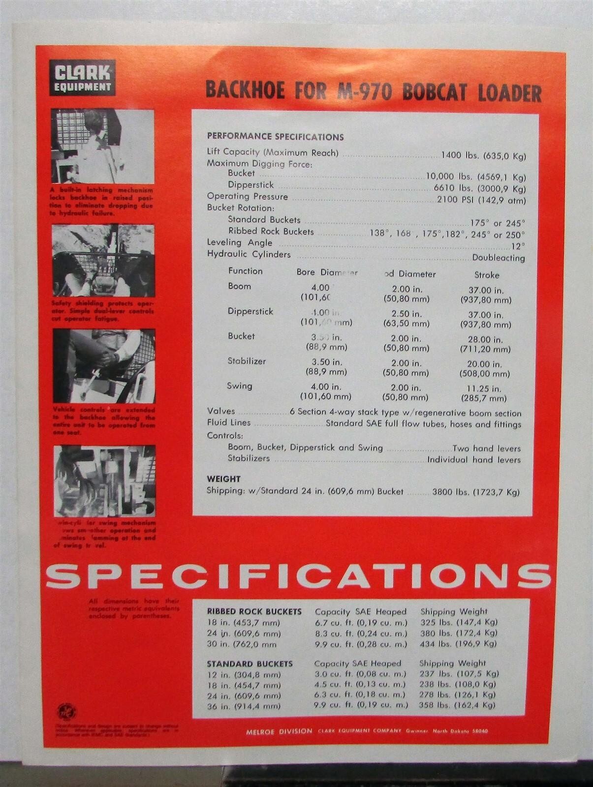 1973 Melroe M-970 Backhoe Specifications Construction Sales Data Sheet