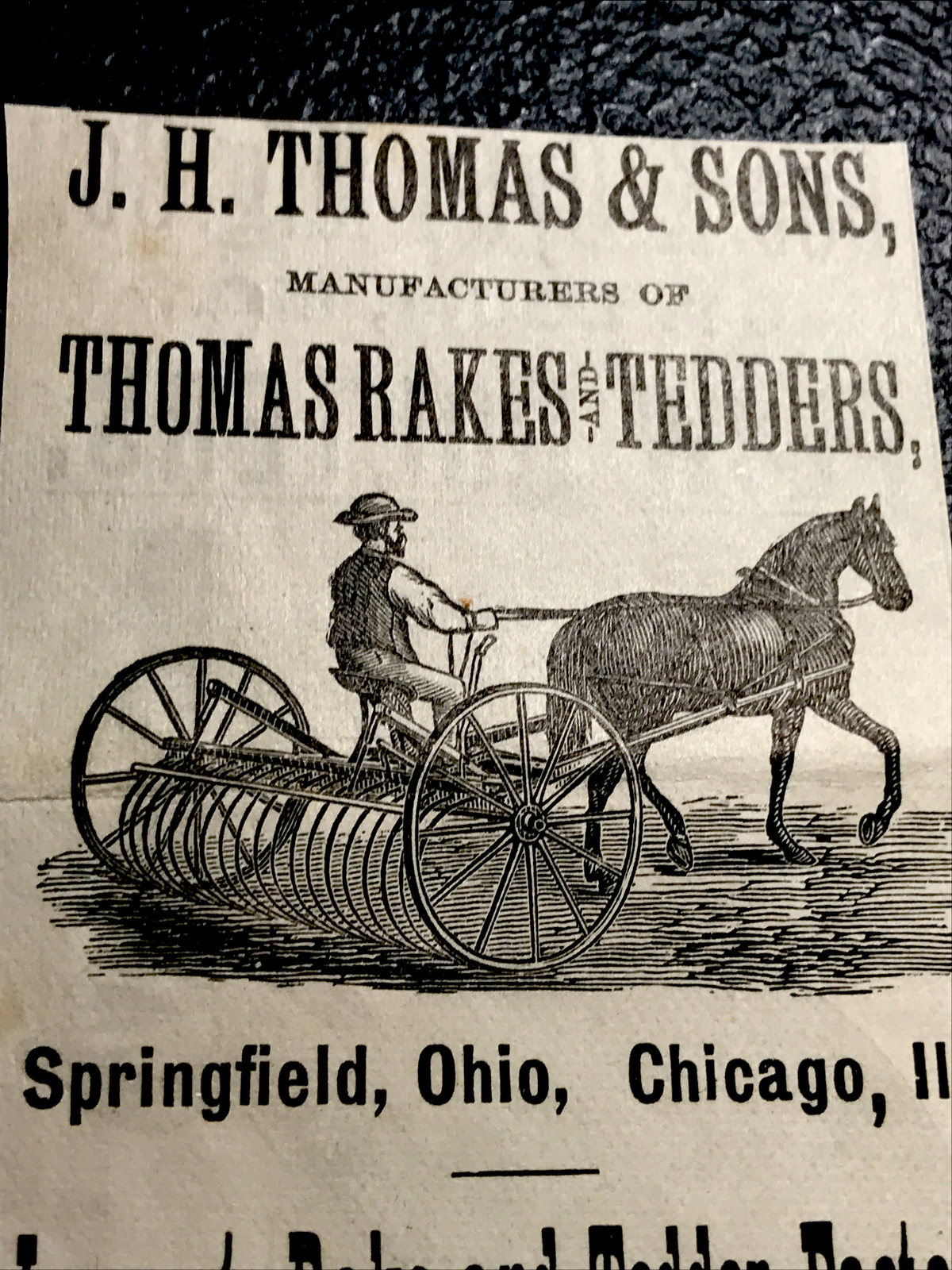 1886 J.H. Thomas & Sons Rakes Farm Engraving Advertising – Springfield – Ohio