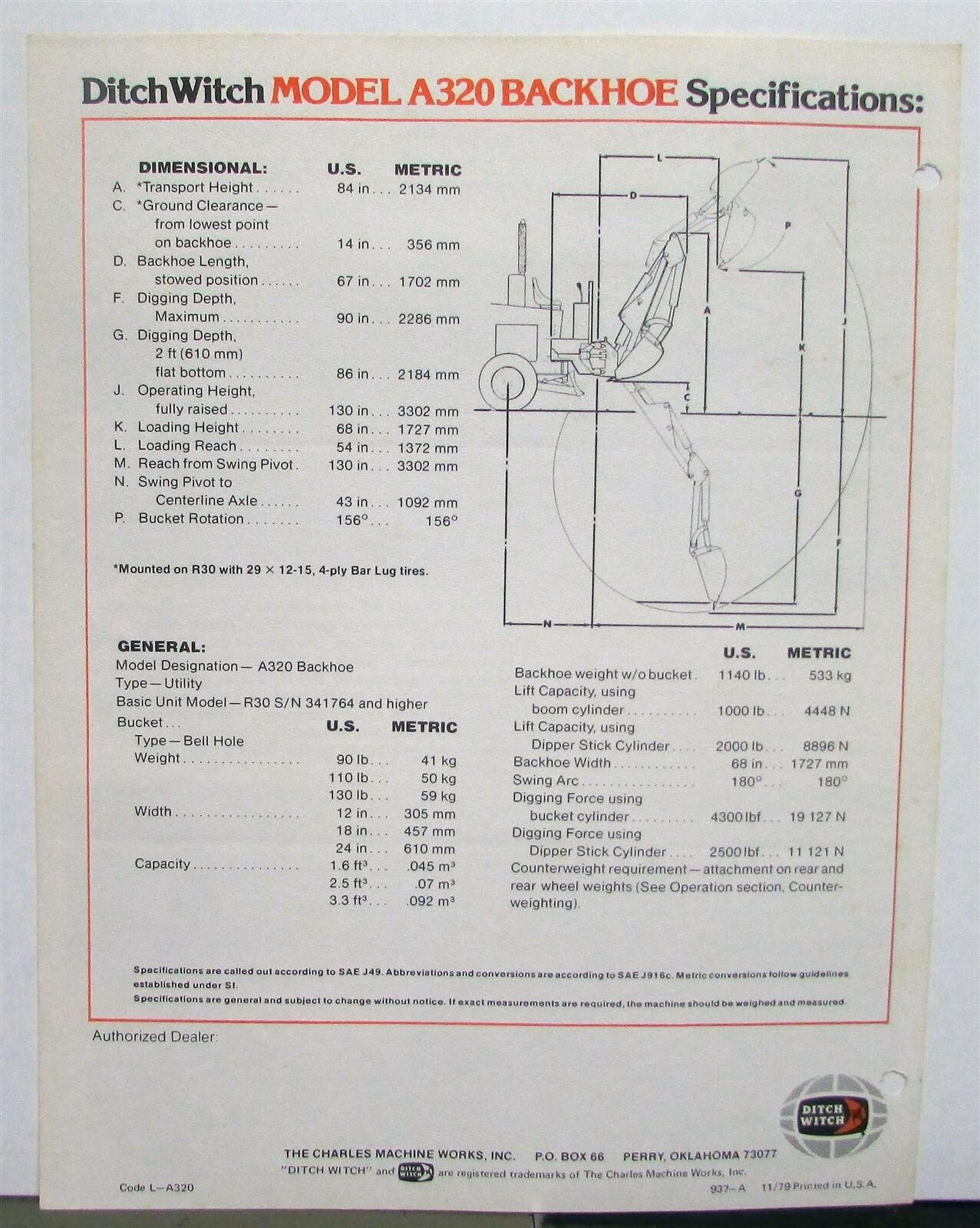 1980 Ditch Witch A320 Backhoe Specifications Construction Sale Brochure