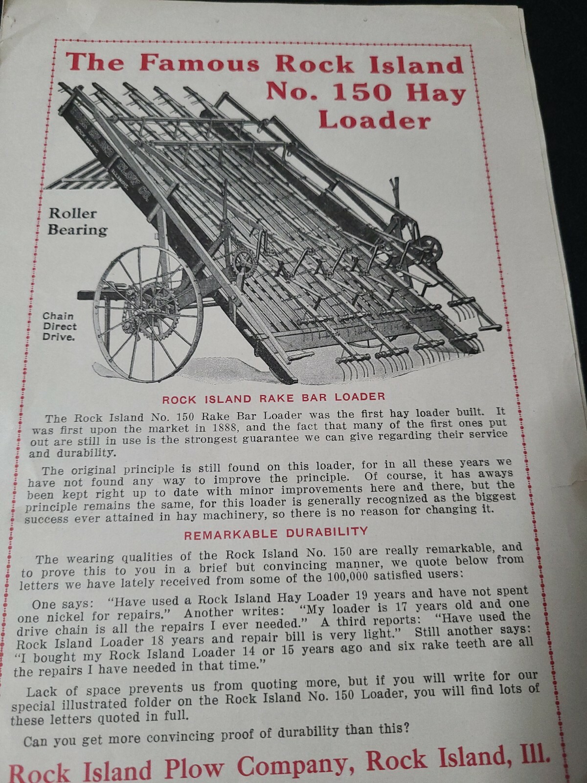 Vntg 1888 Rock Isalnd Hay Loader Sales Flyer