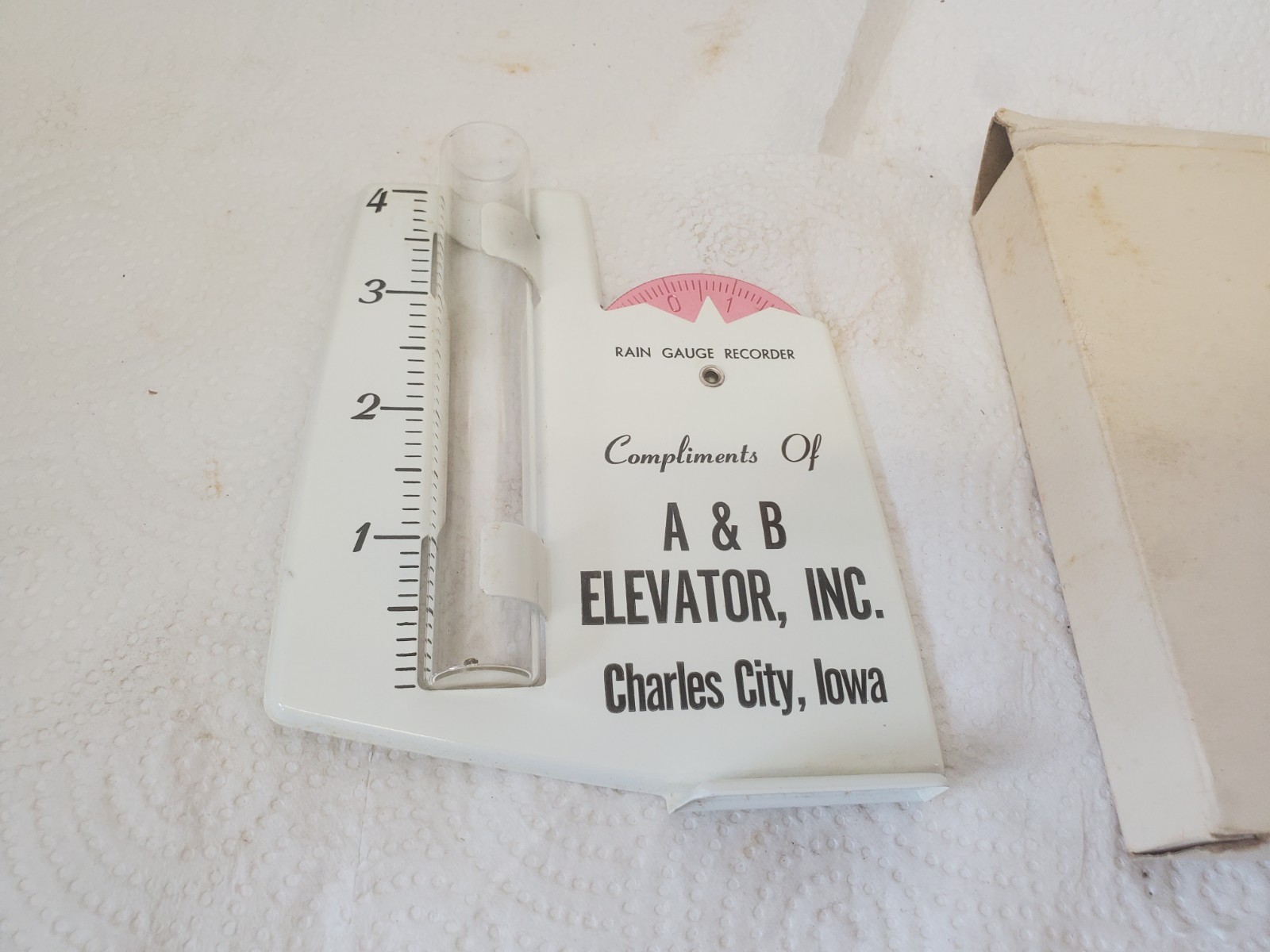 Metal Rain Guage A & B elevator Inc. Charles City Iowa Feed Grain Farm Decor