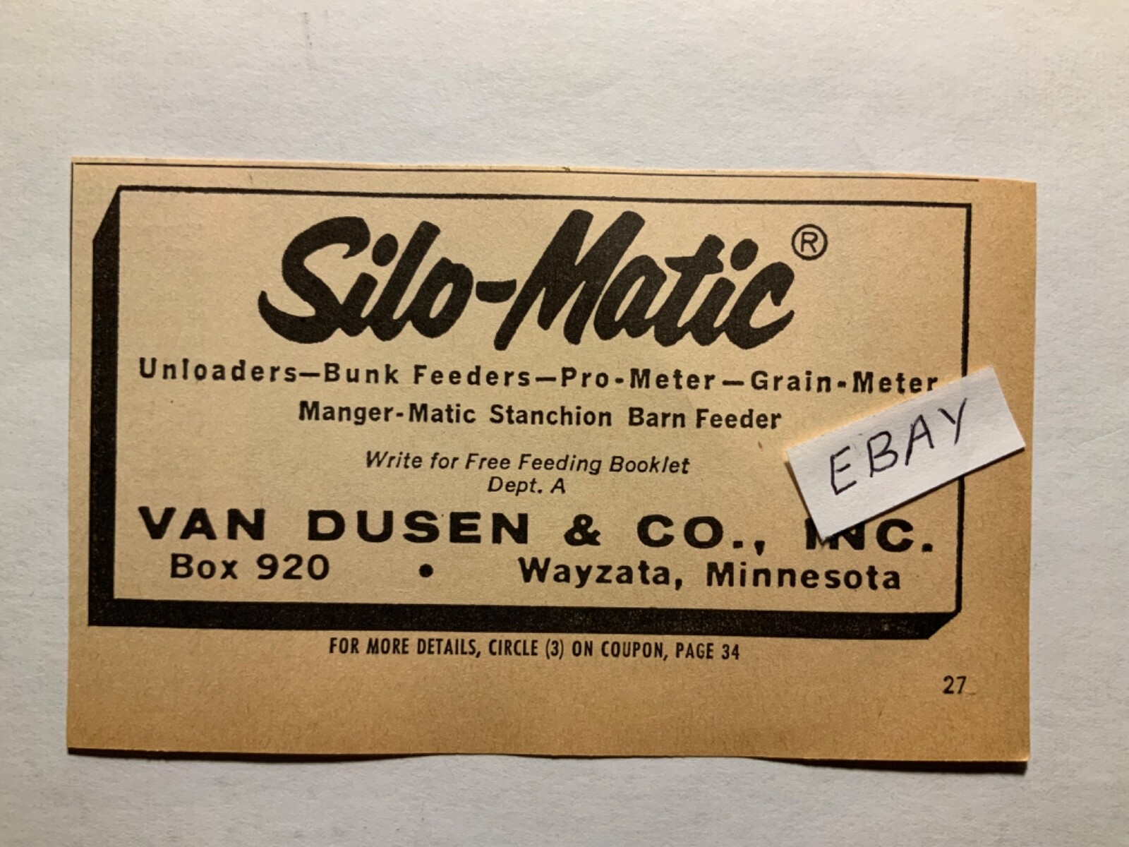 1965 Ad. Silo-matic. Unloaders, Bunk Feeders. Van Dusen & Co. Wayzata, MN.