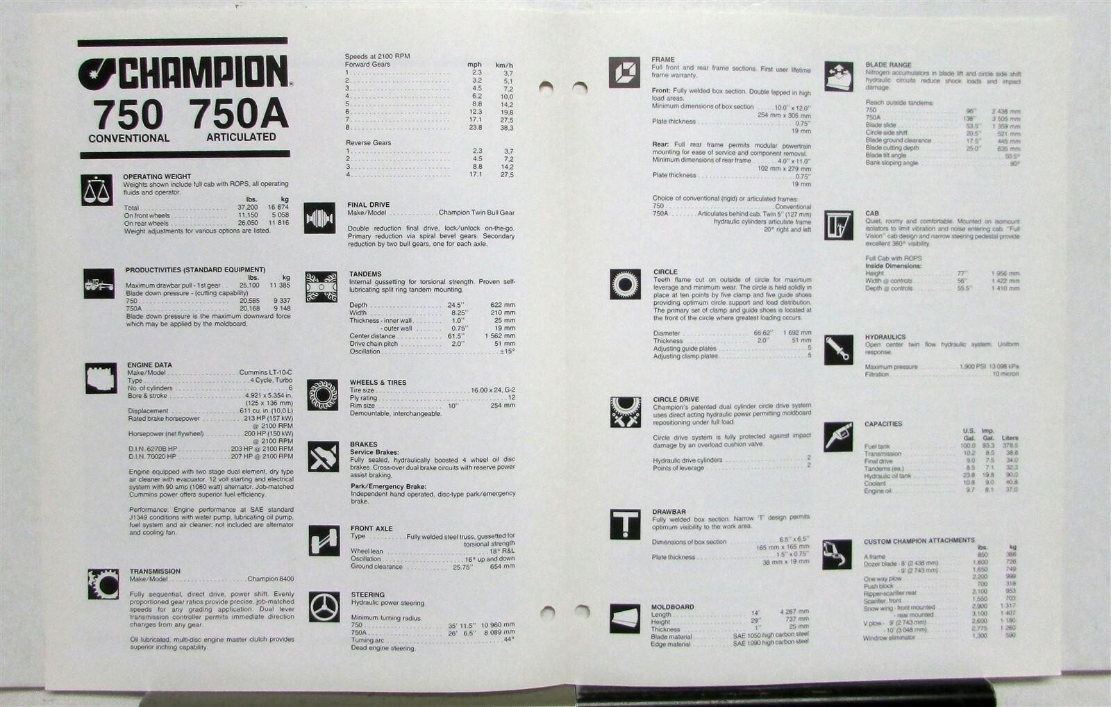 1970s Champion 750 750A Road Motor Grader Specs Construction Sales Brochure