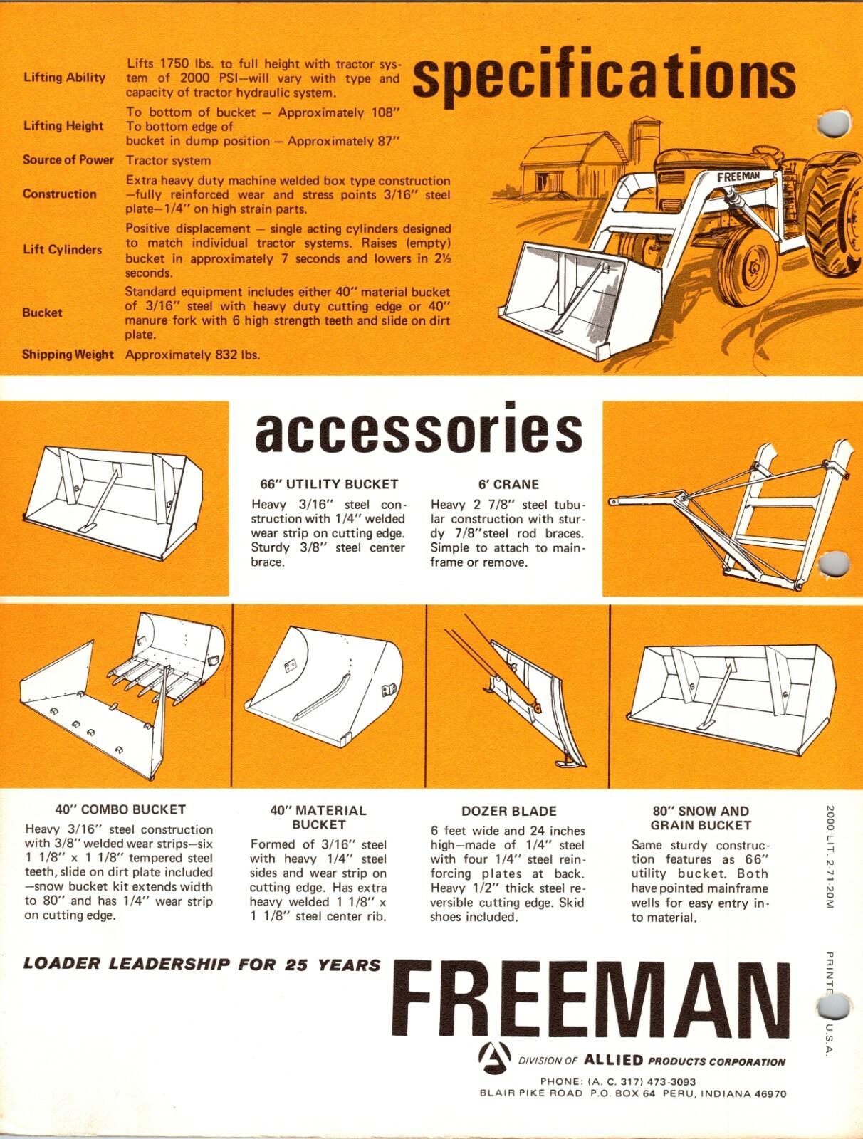 One(1) Freeman Series 2000 Loader Tractor Dealer Sales Specs Flyer Brochure