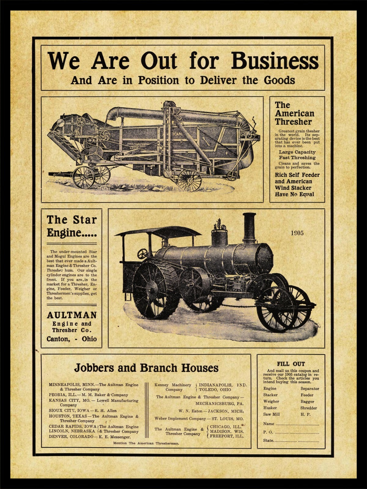 1905 Aultman Star Engine & American Thresher NEW Metal Sign: Canton, OhiO