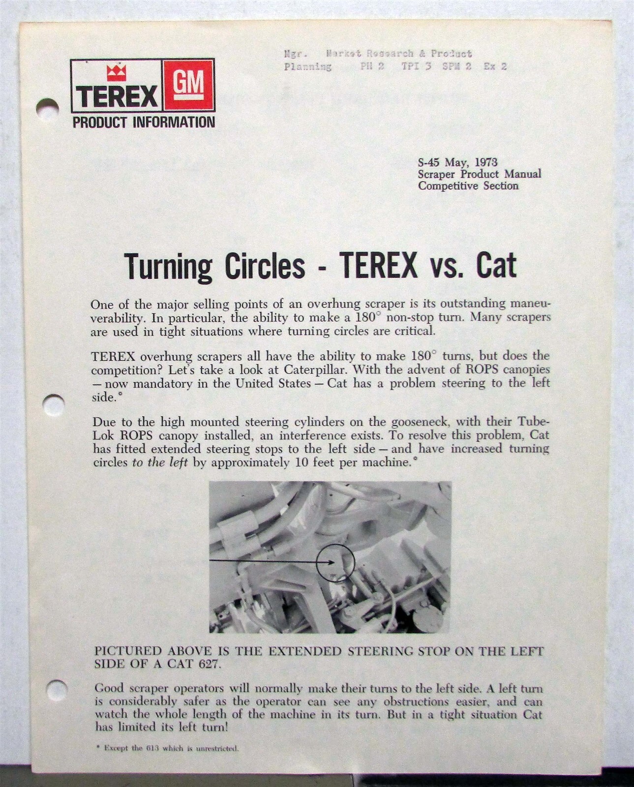 1973 Terex Overhung Scrapers VS CAT 627 Construction Product Information Sheet