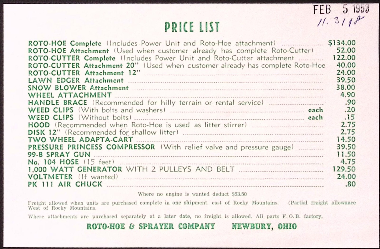 1953 Roto Hoe Roto Tiller Brochure & Price List Roto-Hoe & Sprayer Co Newbury OH