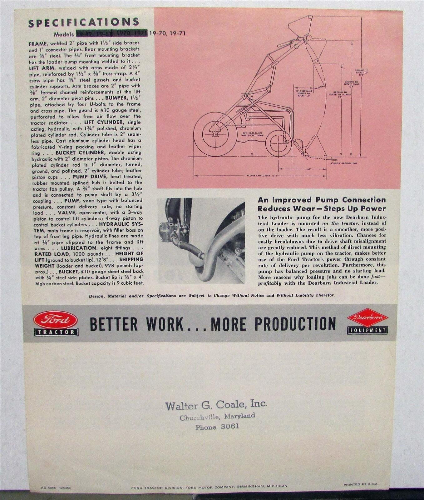 1954 Ford Tractor Dearborn Industrial Loader Specs Agriculture Sales Data Sheet