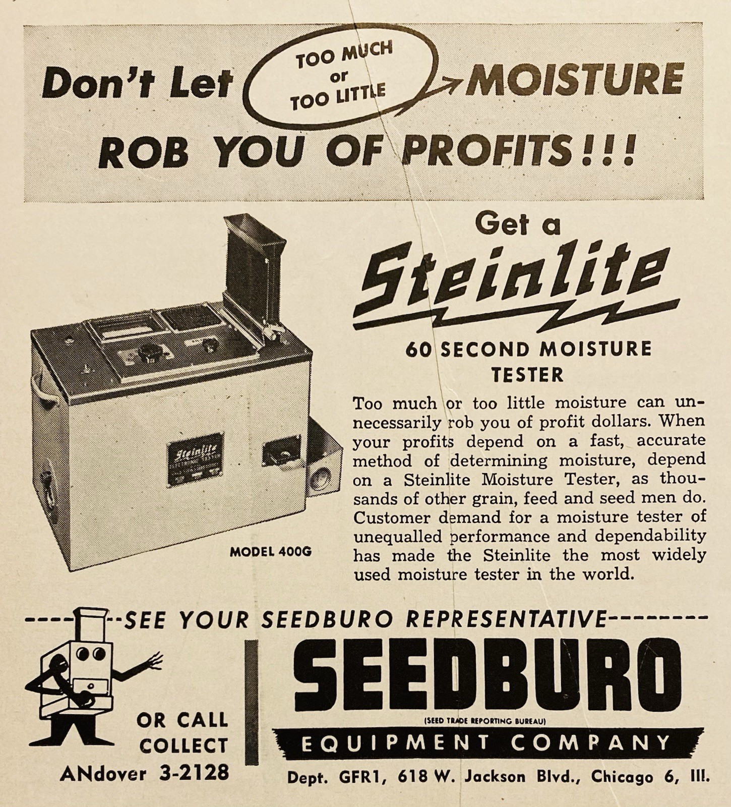 1957 AD.(XH84)~SEEDBURO EQUIPMENT CO. CHICAGO. STEINLITE SEED MOISTURE TESTER