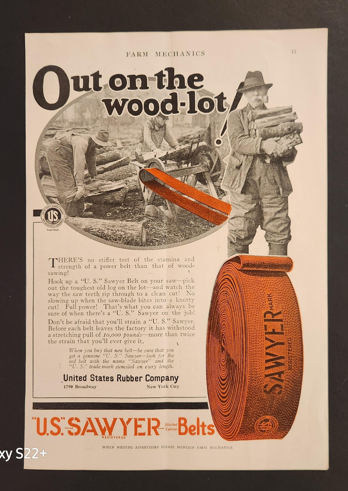 1926 U.S. Sawyer Stitched Canvas Belts U.S.Rubber Company Original Print Ad 8X11