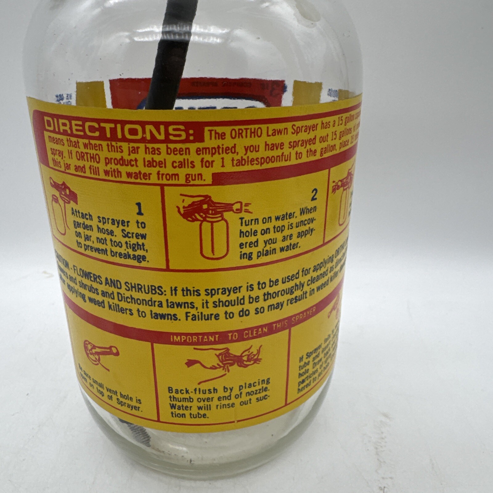 Vintage 1970 Ortho Lawn Sprayer Glass Jar Yellow Metal Lid 8&Prime; With Instructions