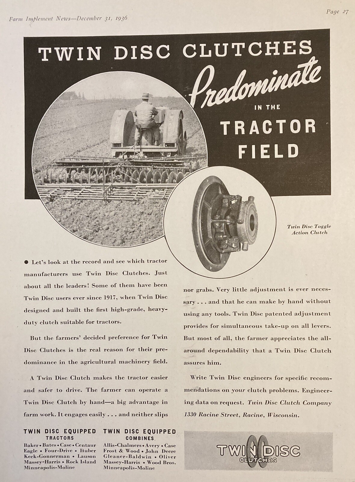 1936 AD.(XF18)~TWIN DISC CLUTCH CO. RACINE, WIS. TWIN DISC TRACTOR CLUTCHES