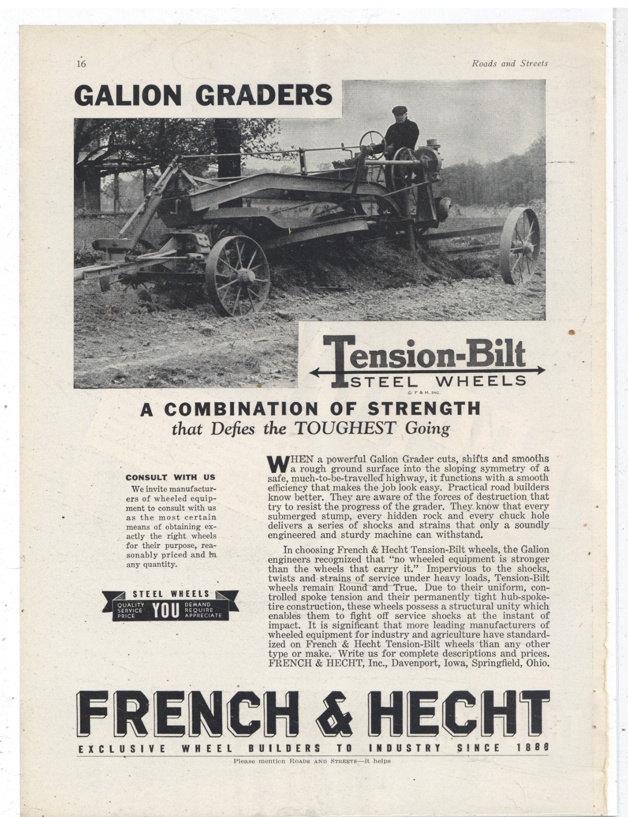 1936 French & Hecht Wheel Builders Ad Davenport, Iowa & Springfield, OhiO Galion