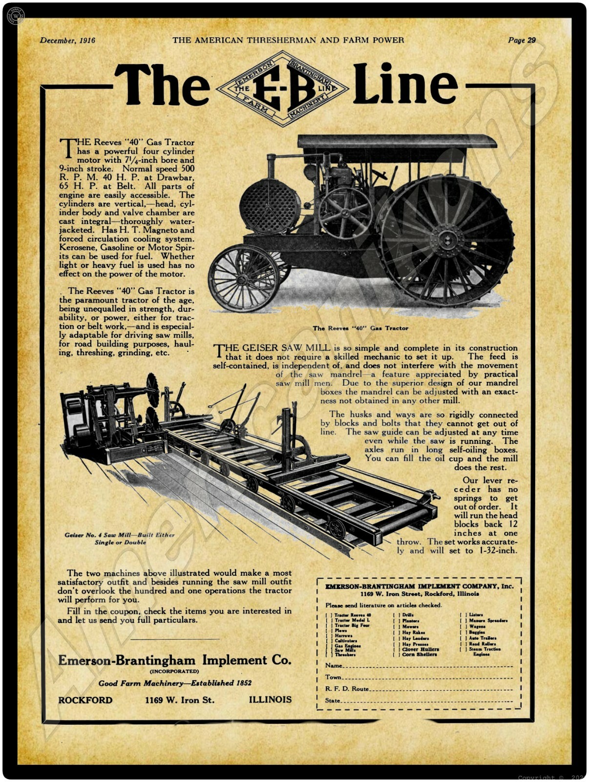 1916 Emerson Brantingham Reeves 40 Gas Tractor New Metal Sign: Rockford Illinois