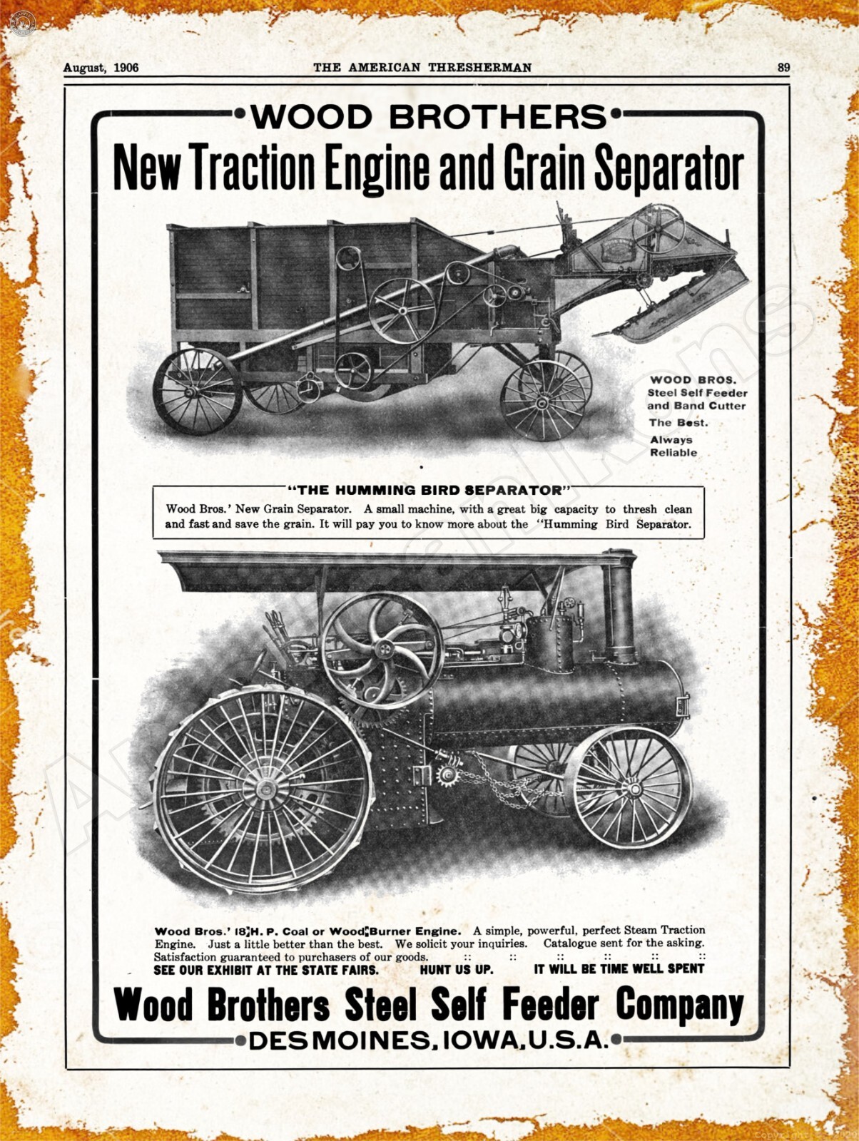 1906 Wood Brothers Thresher & Traction Engine New Metal Sign: 12×16&Prime; Ships Free