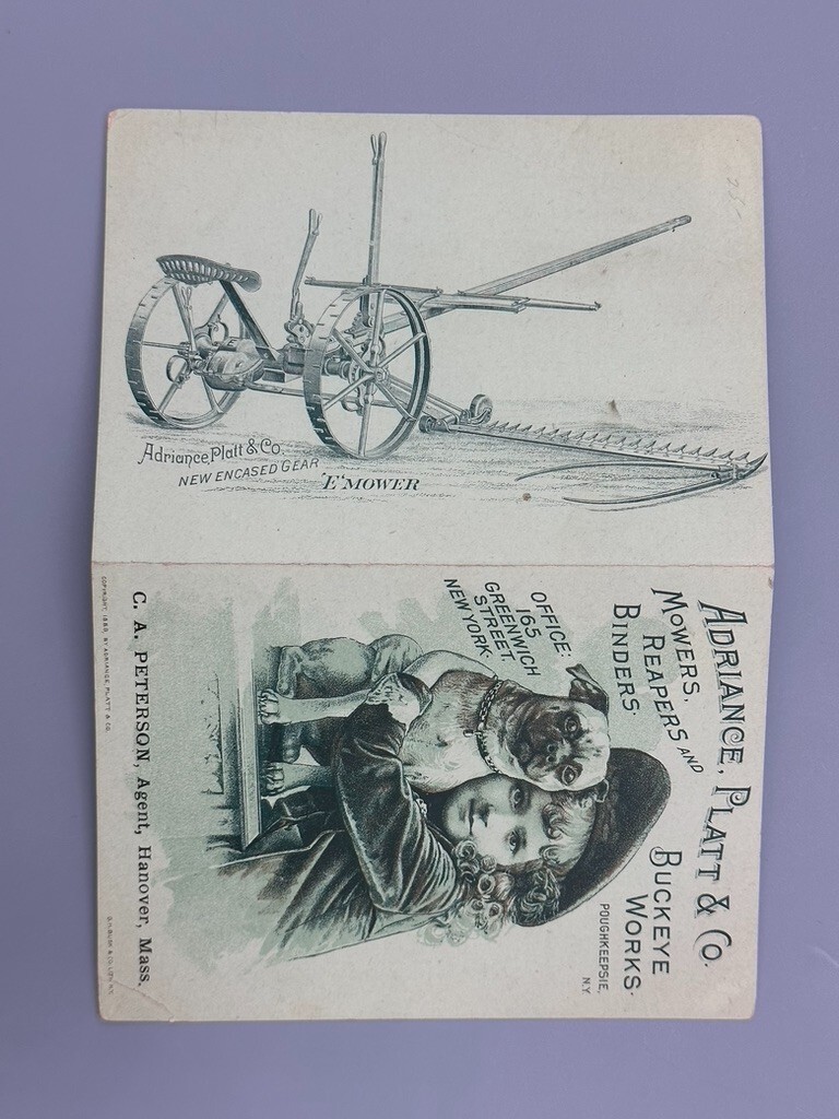 1889 Adriance Platt FARM MOWER Antique Advertising TRADE CARD Buckeye Works