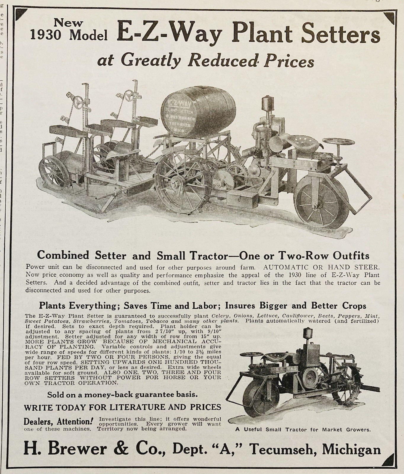 1930 AD.(XH86)~H. BREWER CO. TECUMSEH, MI. E-Z WAY PLANT SETTER TRACTOR MACHINE