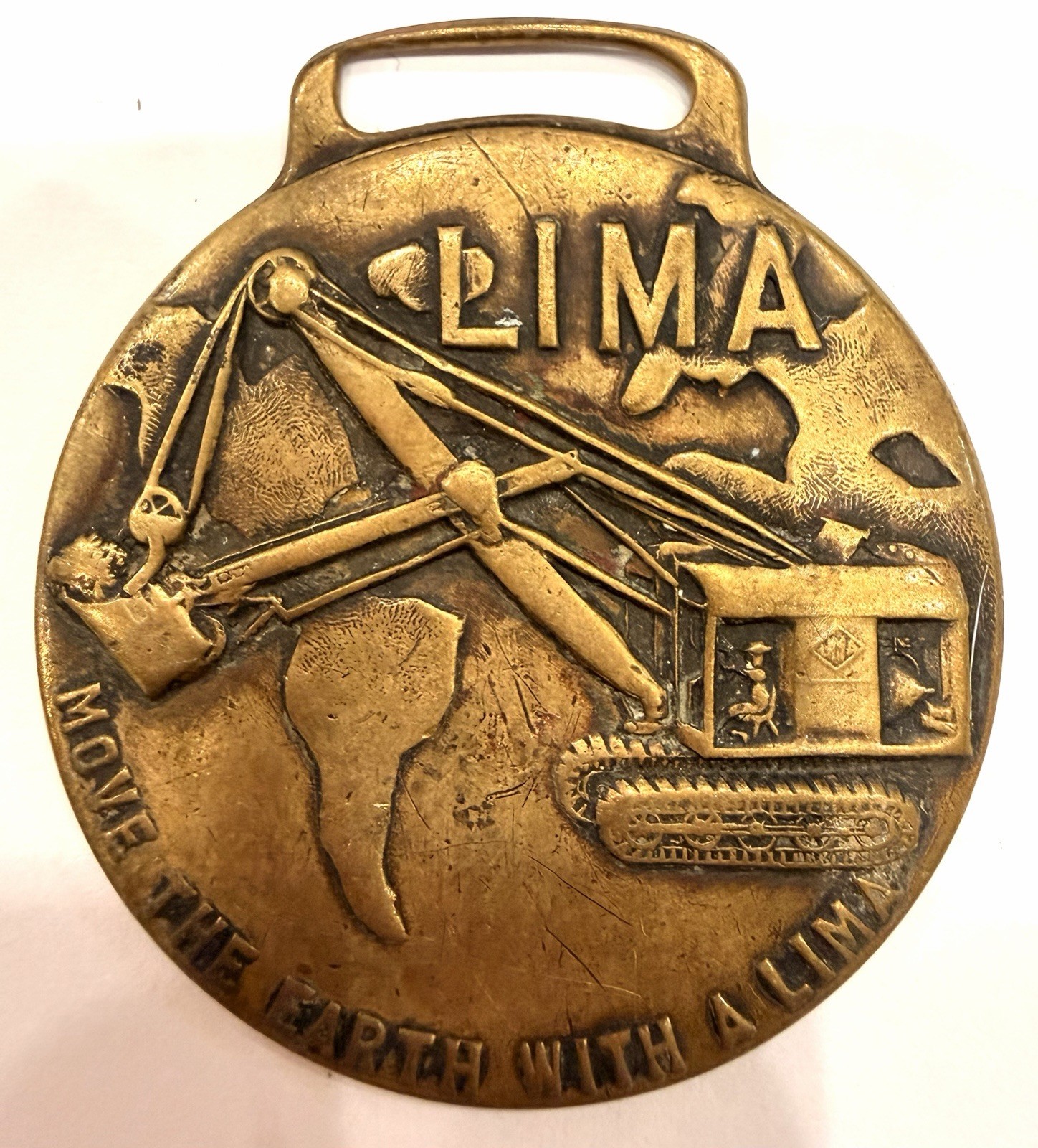 Vintage Lima Locomotive Works Brass Watch Fob Excavator Dragline Crane Ohio