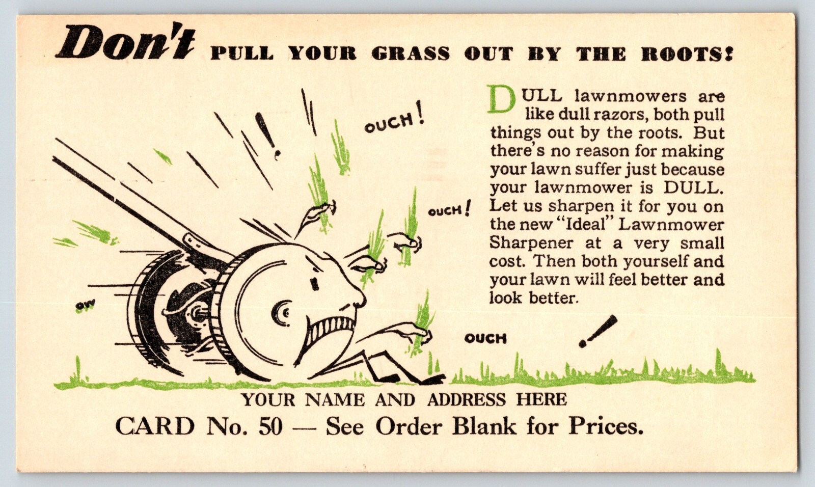 Ideal Lawnmower Sharpener Salesman Sample Display Trade Card
