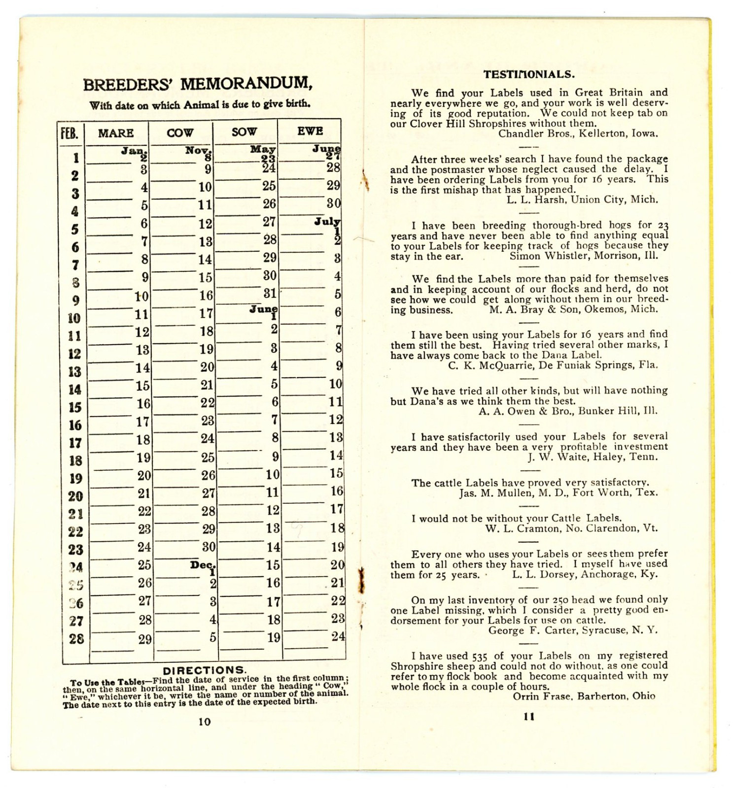 Dana&rsquo;s Stock Labels & Breeder Memorandum C H Dana West Lebanon New Hampshire