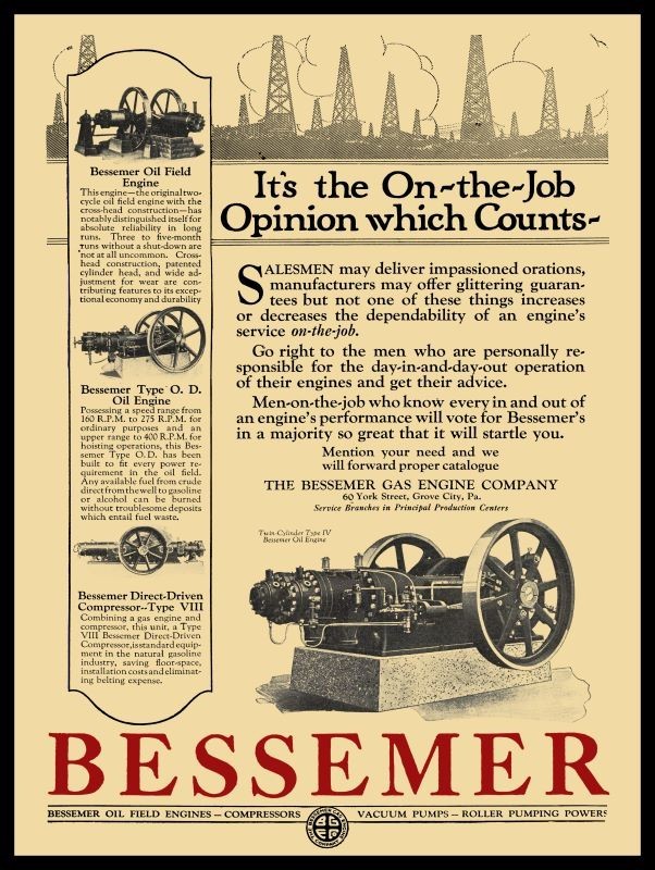 1922 Bessemer Oil Field Engines, Grove City PA NEW METAL SIGN: 9×12&Prime; Ships Free