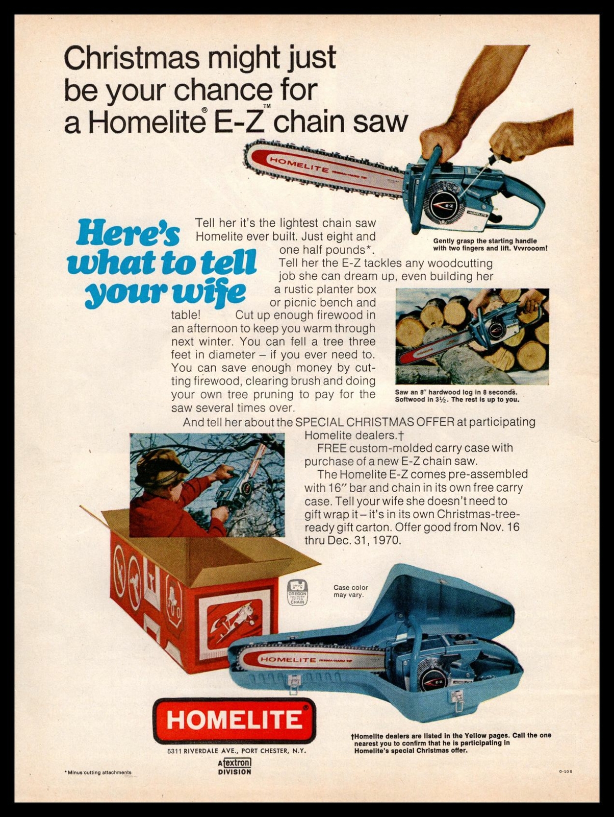 1970 Homelite E-Z Chain Saw Port Chester New York Christmas Gift Offer Print Ad