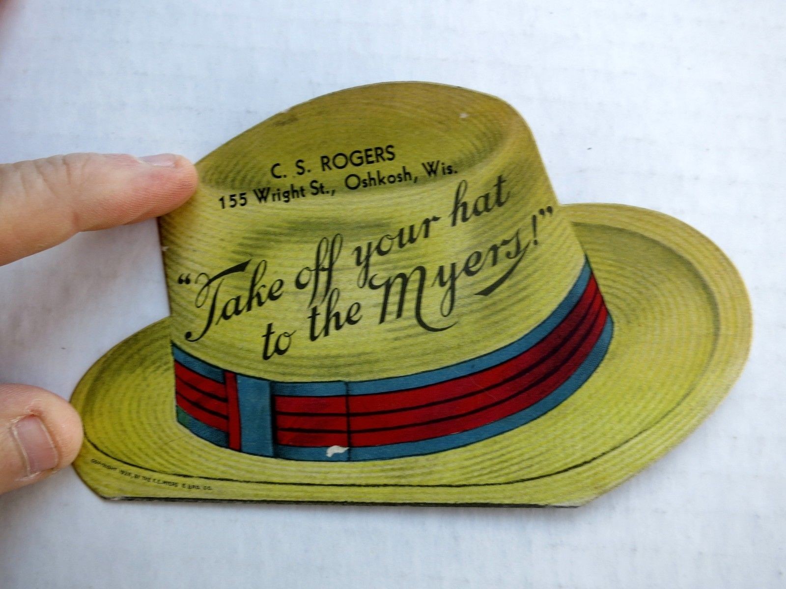 1928 Die Cut Advertising Trade Card Shaped Like Hat For Myers Farm Equipment