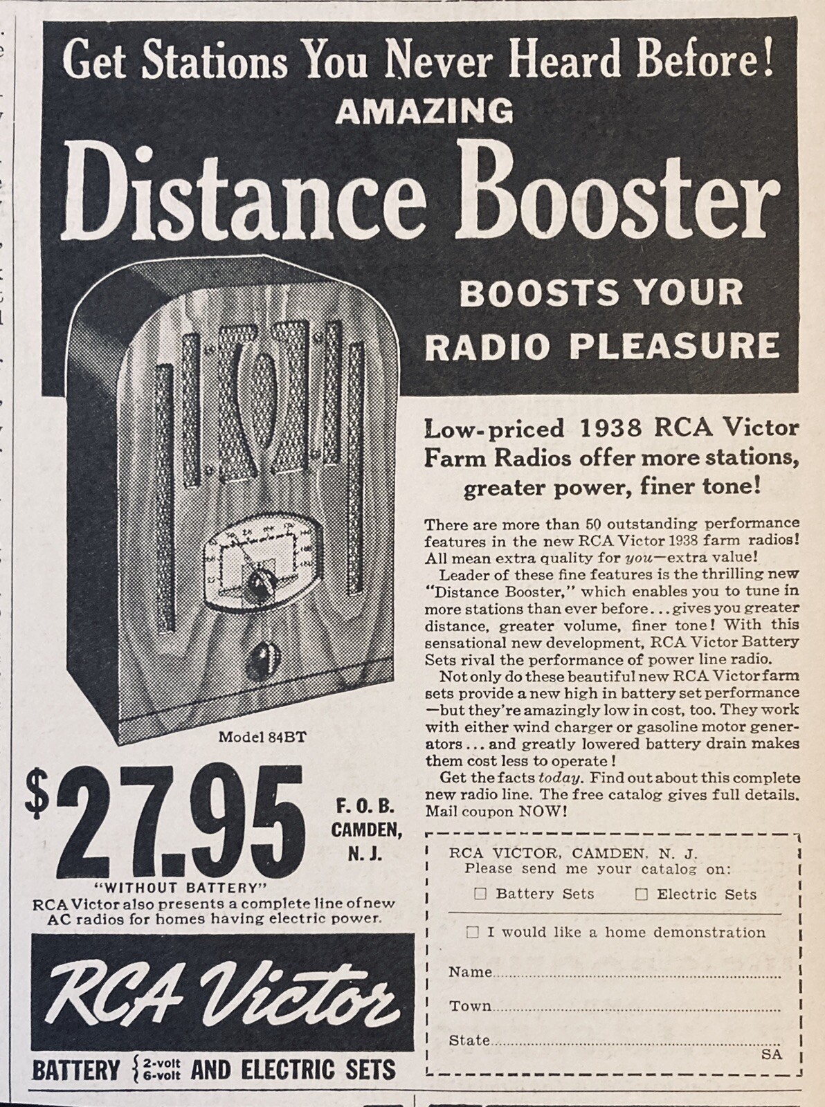 1937 AD.(XG5)~RCA VICTOR CO. CAMDEN, NJ. MODEL 84BT FARM RADIO